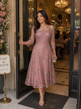 #138 Blush Pink 3D Sequin floral lace mesh overlay Chiffon midi dress-Med/Size 8